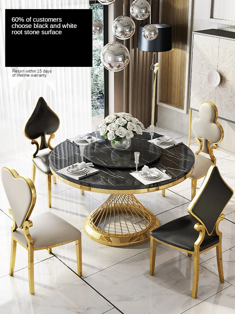 Mesa de jantar de mármore e cadeira combinação de luz de luxo Nórdicos aço inoxidável família redonda giratória família pequena tabela