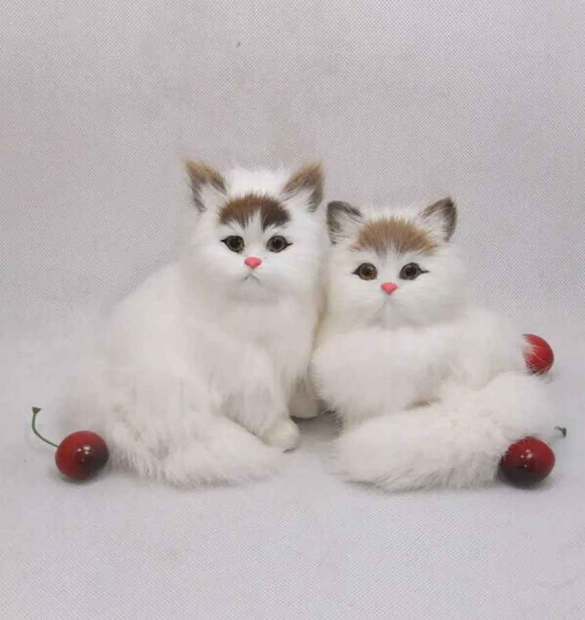 um par de simulação sentado brinquedo do gato de polietileno & peles de artesanato branco cat dolls presente sobre 12x14cm 2391