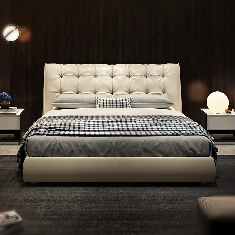 Couro italiano cama pós-modernos de luxo, quarto principal casamento cama de casal moderno, simples atmosfera de moda cama macia 0