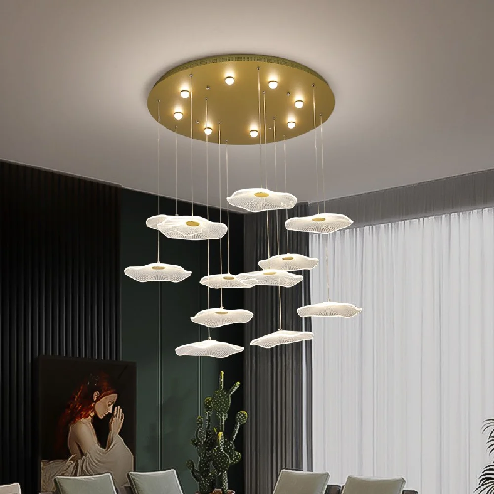 Ouro Criativas de LED Iluminação do Candelabro Moderno Nórdicos Ilha de Cozinha em Acrílico lustre da Sala de Jantar Villa Escadaria Longa Fixação
