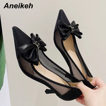 Aneikeh Sapatos para as Mulheres Clássicos Borboleta-Nó Decoração Pontiagudo Dedo do pé de um Salto Alto de Festa Carreira Senhora do Escritório Bombas de Slip-On 35-40 0